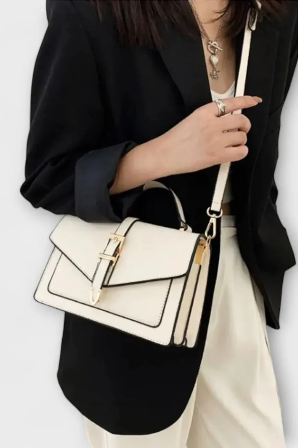 Milo | Women Structured Flap Gold Buckle Detail Crossbody Bag - Image 5
