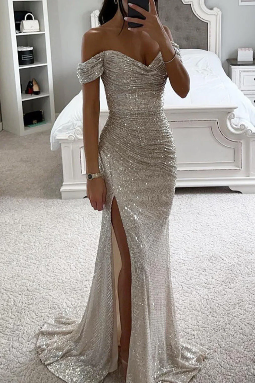 Mirabelle | Women Off Shoulder Side Slit Sequin Wedding Guest Maxi Dress - Image 3