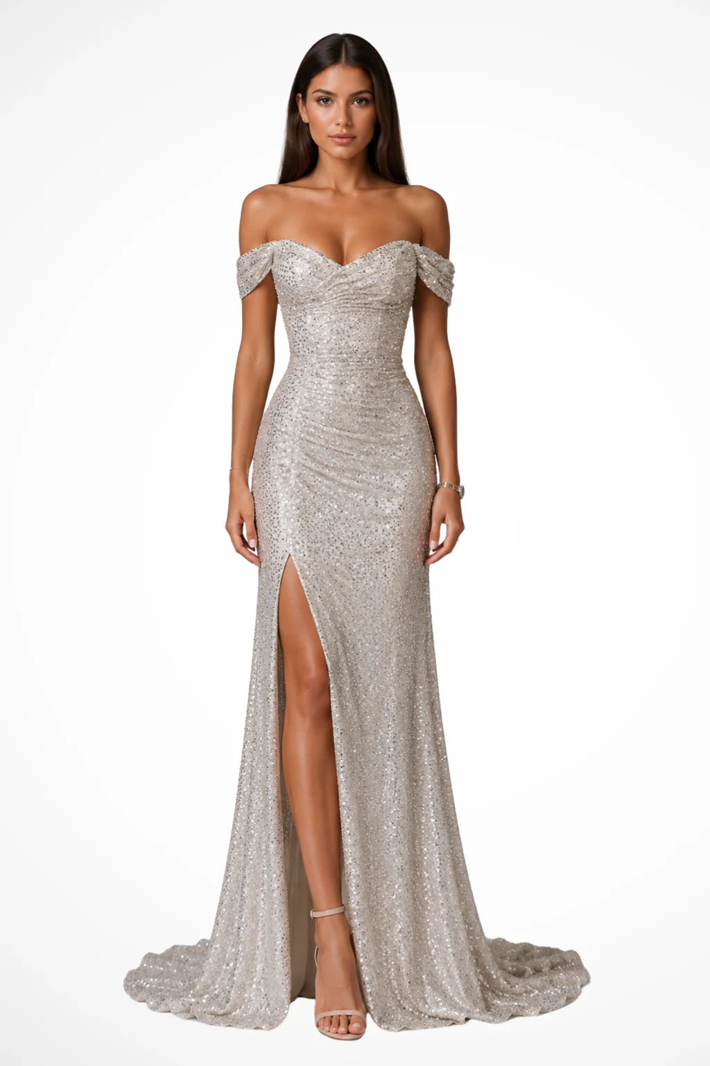 Mirabelle | Women Off Shoulder Side Slit Sequin Wedding Guest Maxi Dress - Image 4
