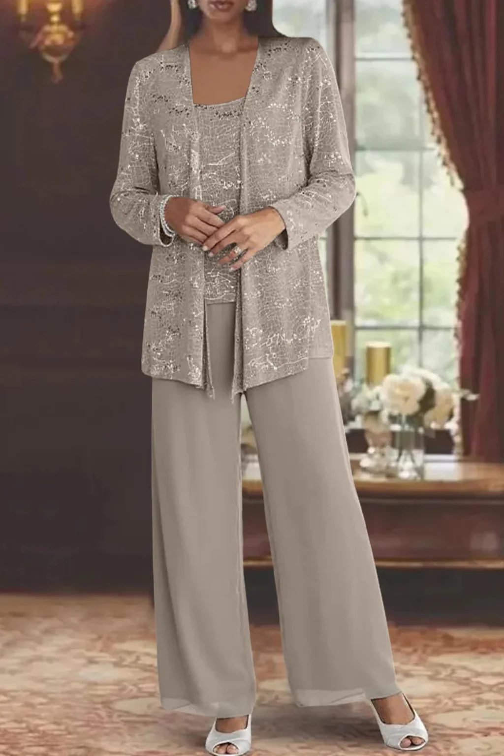 Miriam | Women Sequin Lace Jacket Three Piece Wide Leg Wedding Guest Trouser Suit - Image 10