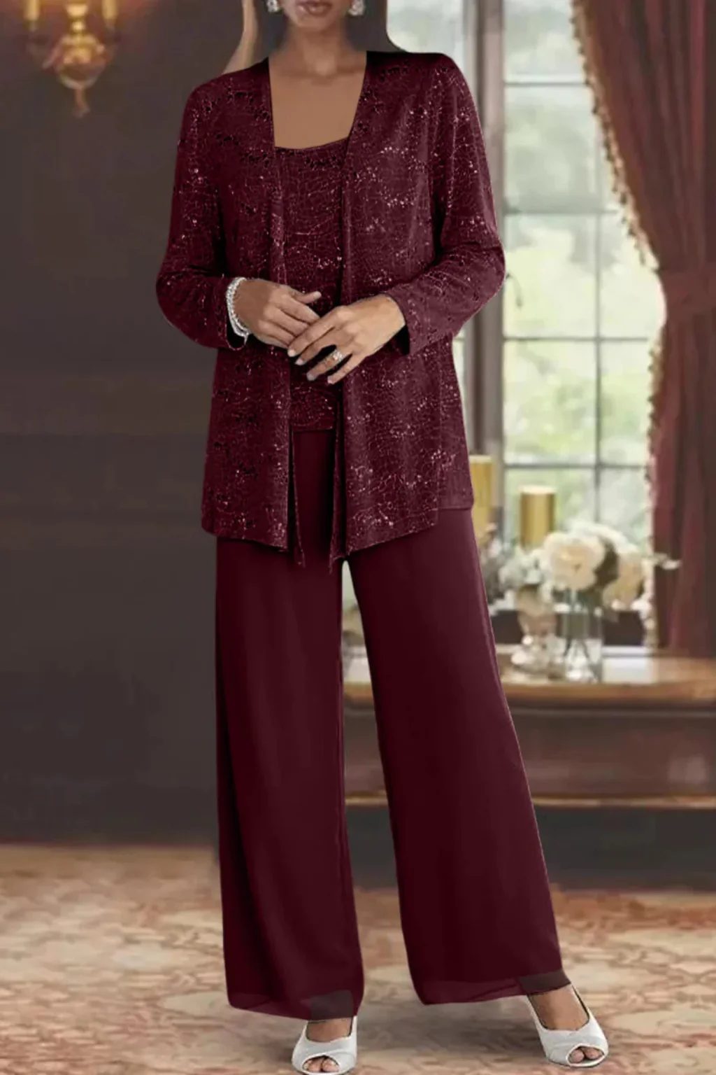 Miriam | Women Sequin Lace Jacket Three Piece Wide Leg Wedding Guest Trouser Suit - Image 12