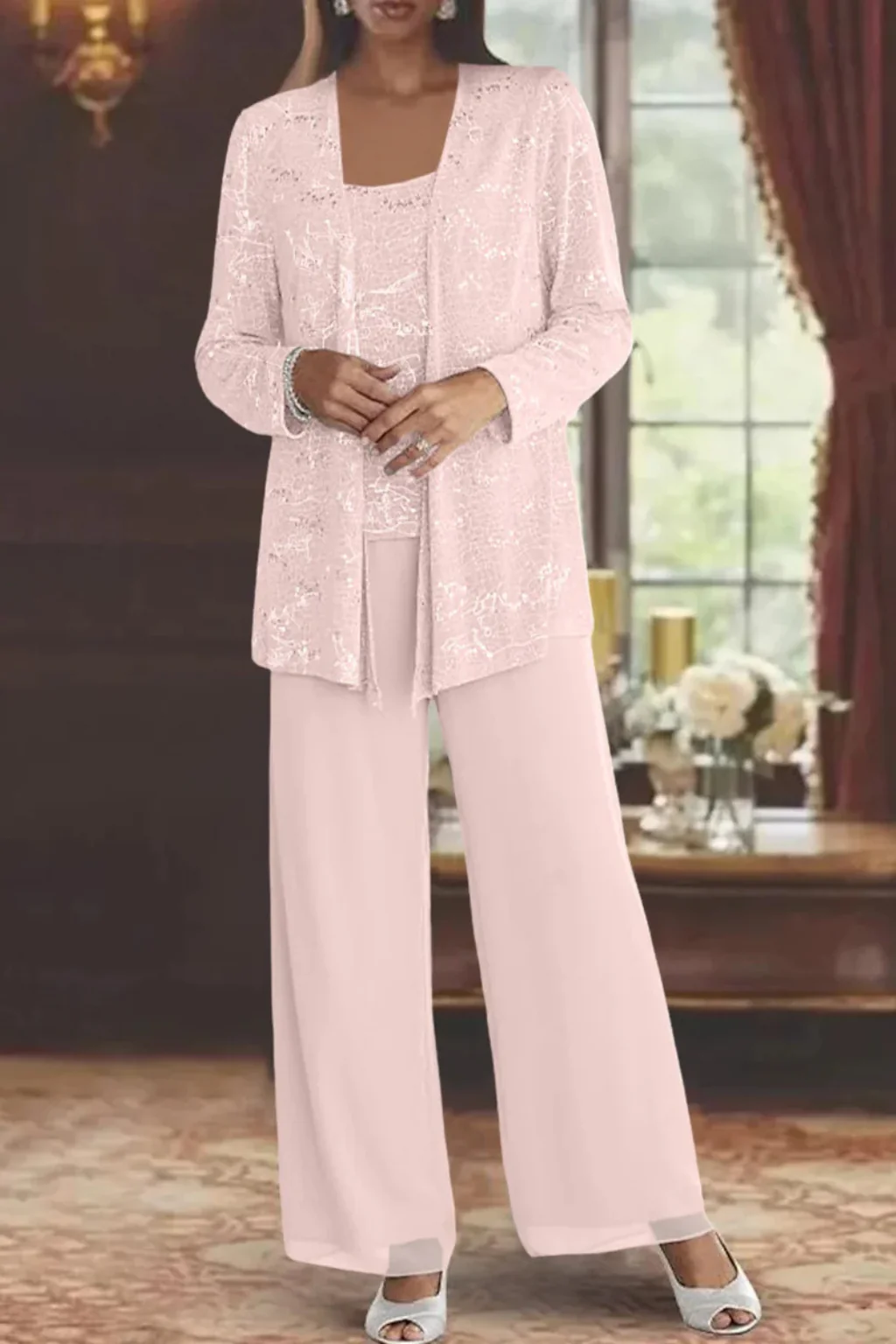 Miriam | Women Sequin Lace Jacket Three Piece Wide Leg Wedding Guest Trouser Suit - Image 14