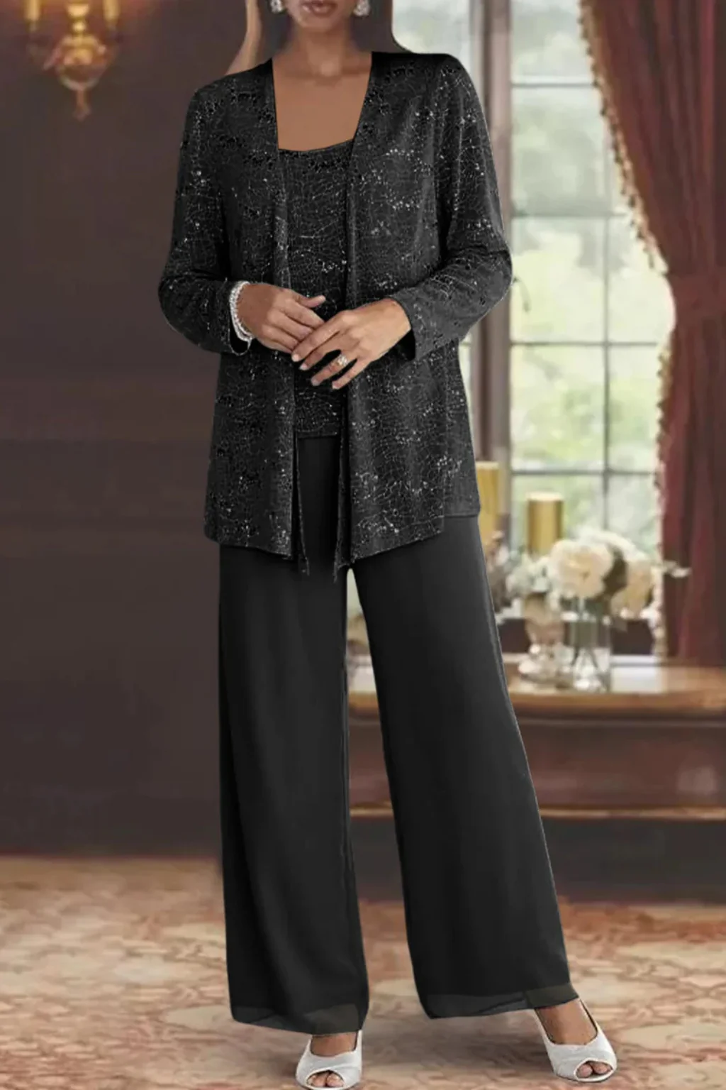 Miriam | Women Sequin Lace Jacket Three Piece Wide Leg Wedding Guest Trouser Suit - Image 6