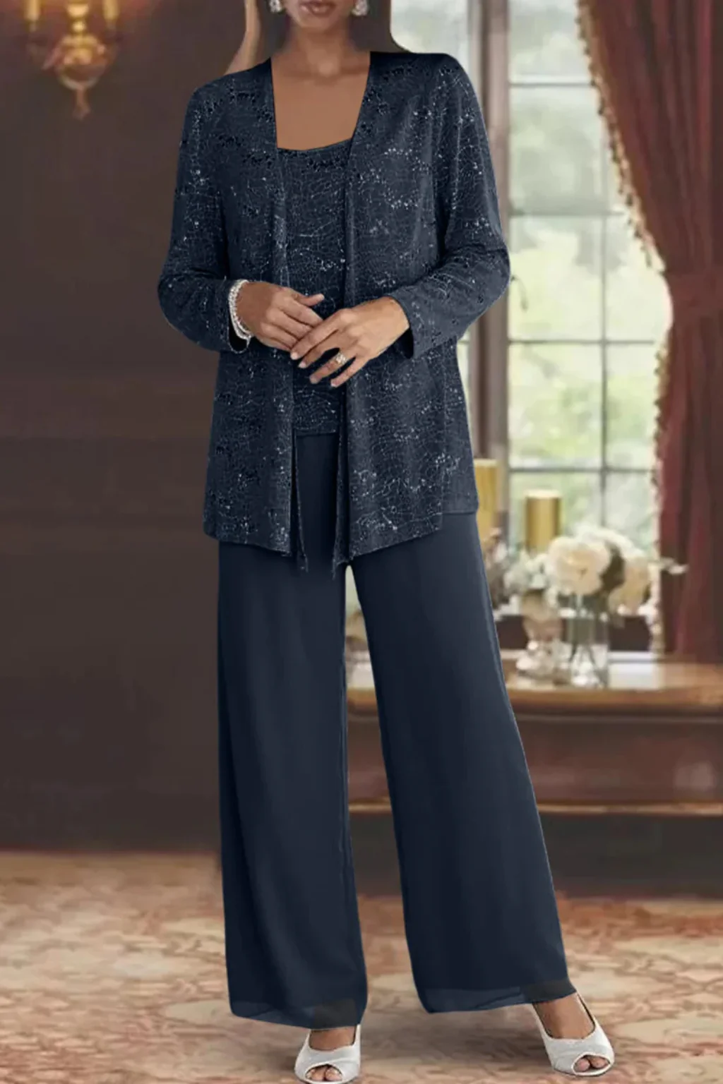 Miriam | Women Sequin Lace Jacket Three Piece Wide Leg Wedding Guest Trouser Suit - Image 8