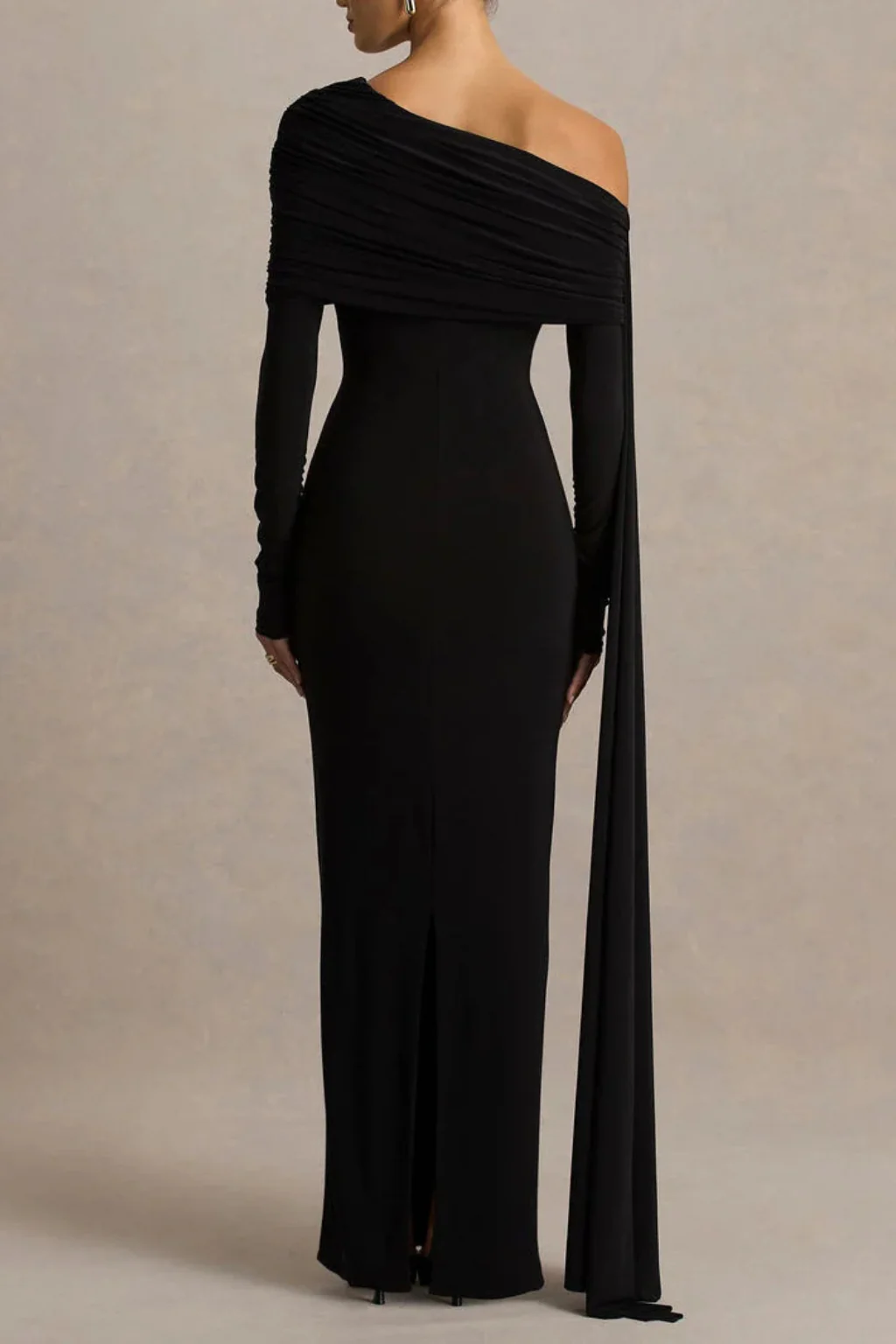 Octavia | Women Draped One Shoulder Cape Sleeve Fitted Maxi Black Tie Dress - Image 3