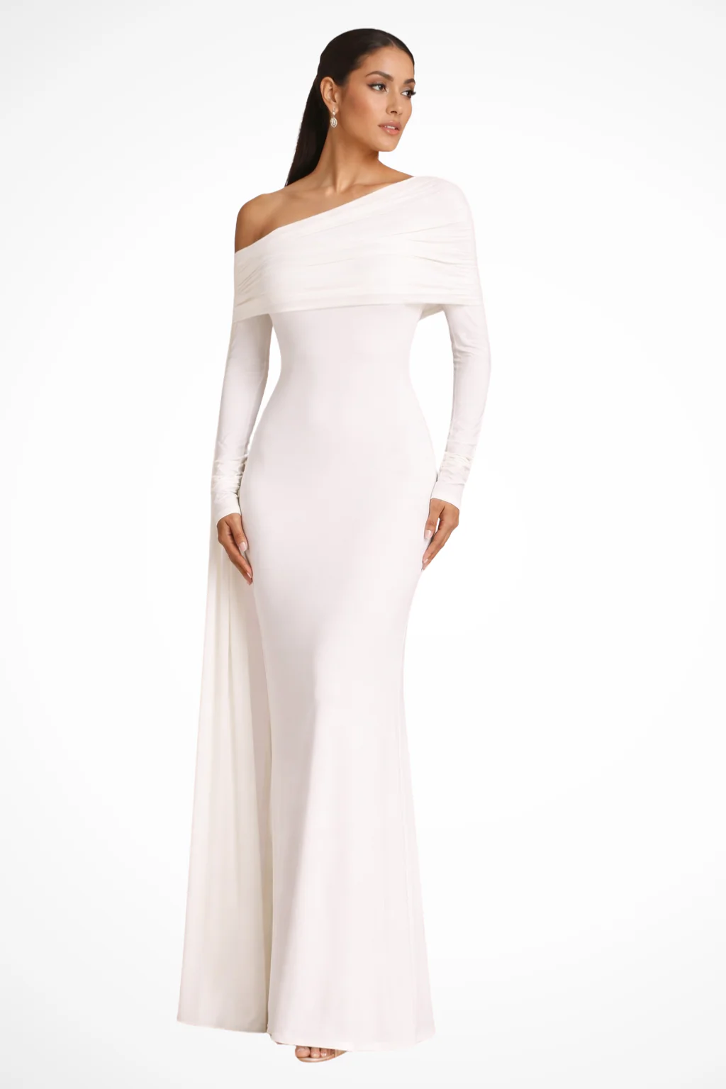 Octavia | Women Draped One Shoulder Cape Sleeve Fitted Maxi Black Tie Dress - Image 4