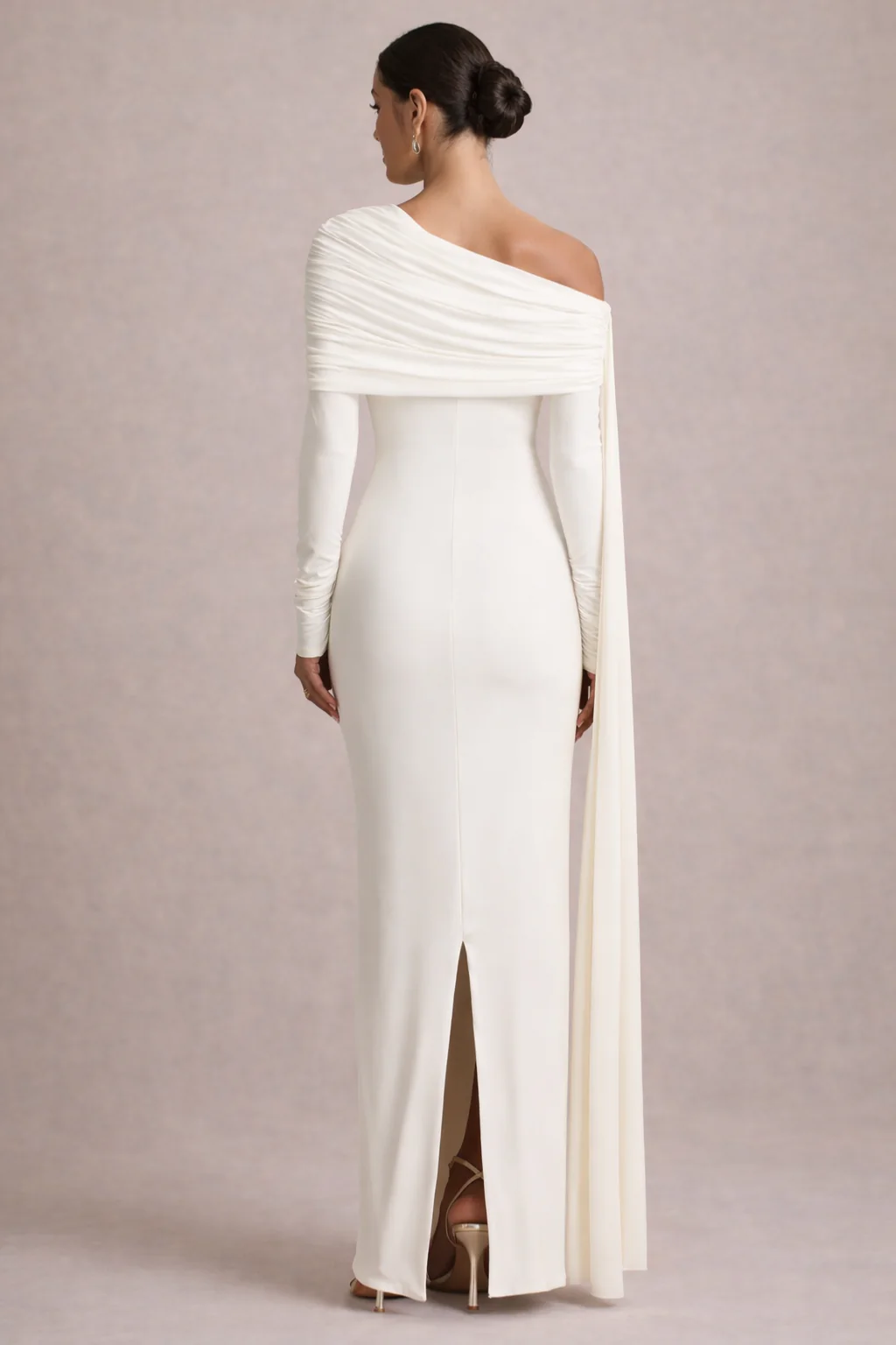 Octavia | Women Draped One Shoulder Cape Sleeve Fitted Maxi Black Tie Dress - Image 5