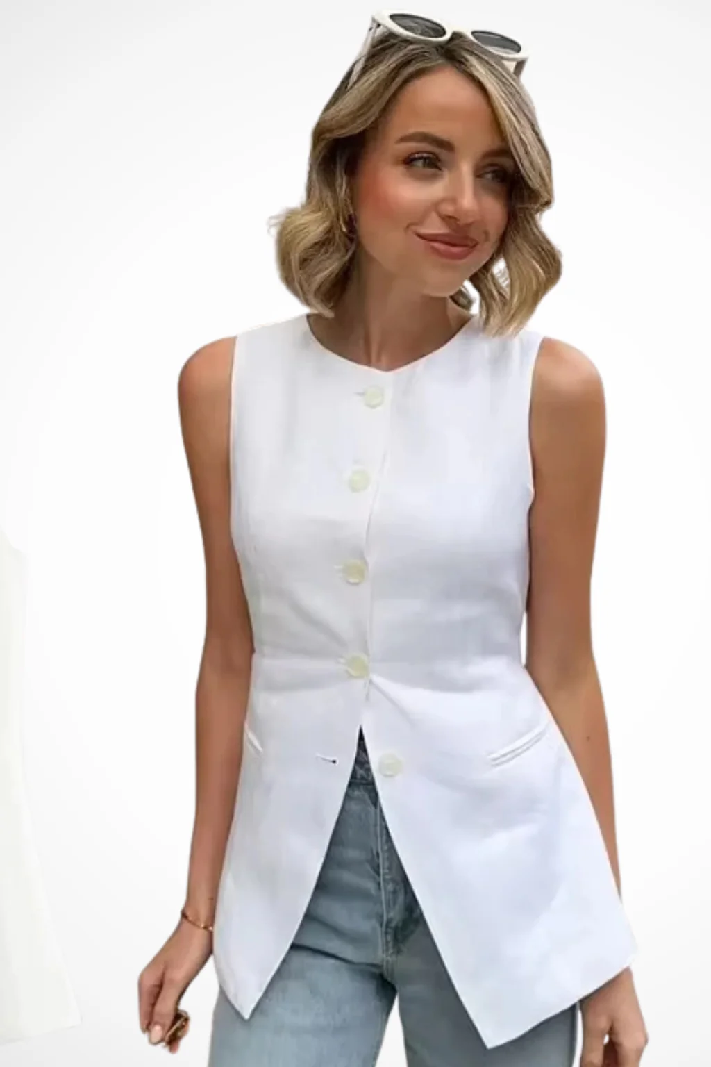 Octavia | Women Sleeveless Round Neck Button Front Asymmetric Tailored Waistcoat - Image 5