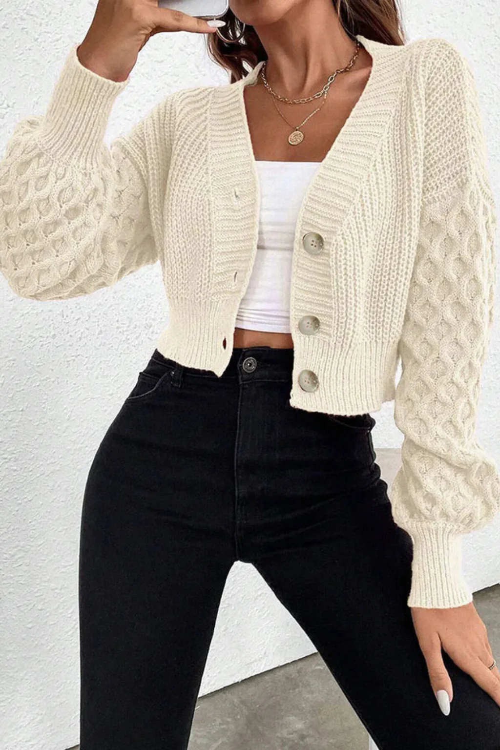 Ottilie | Women Cable Knit Button Front Cropped Summer Cardigan - Image 7
