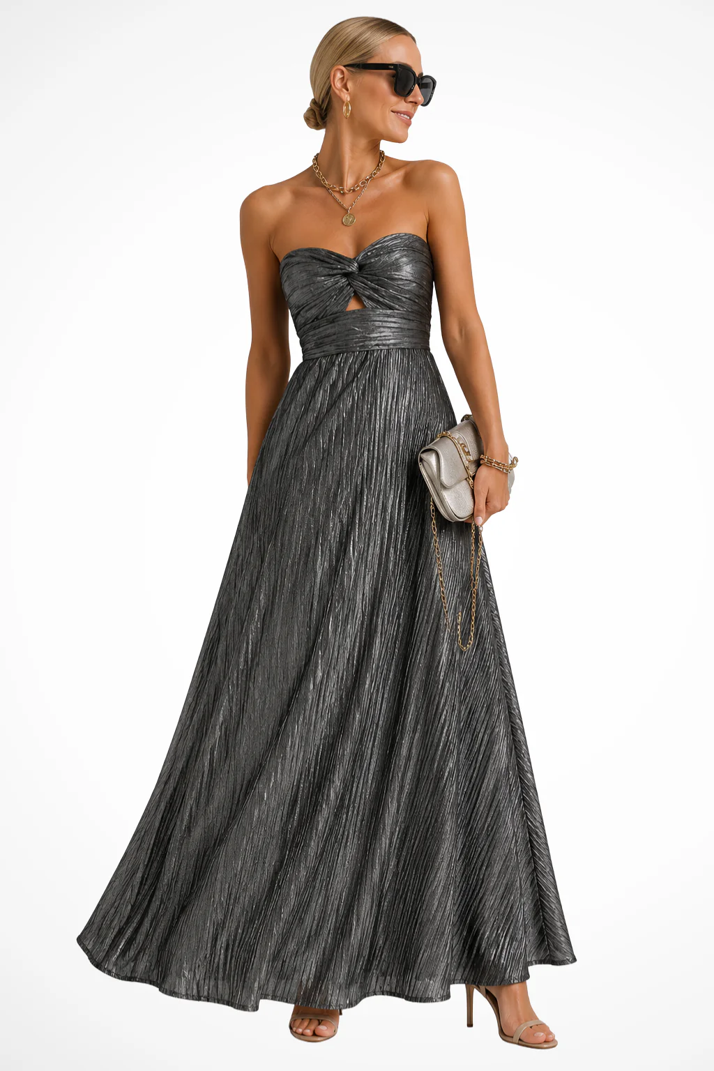 Ottilie | Women Strapless Twist Front Pleated Wedding Guest Maxi Dress - Image 12