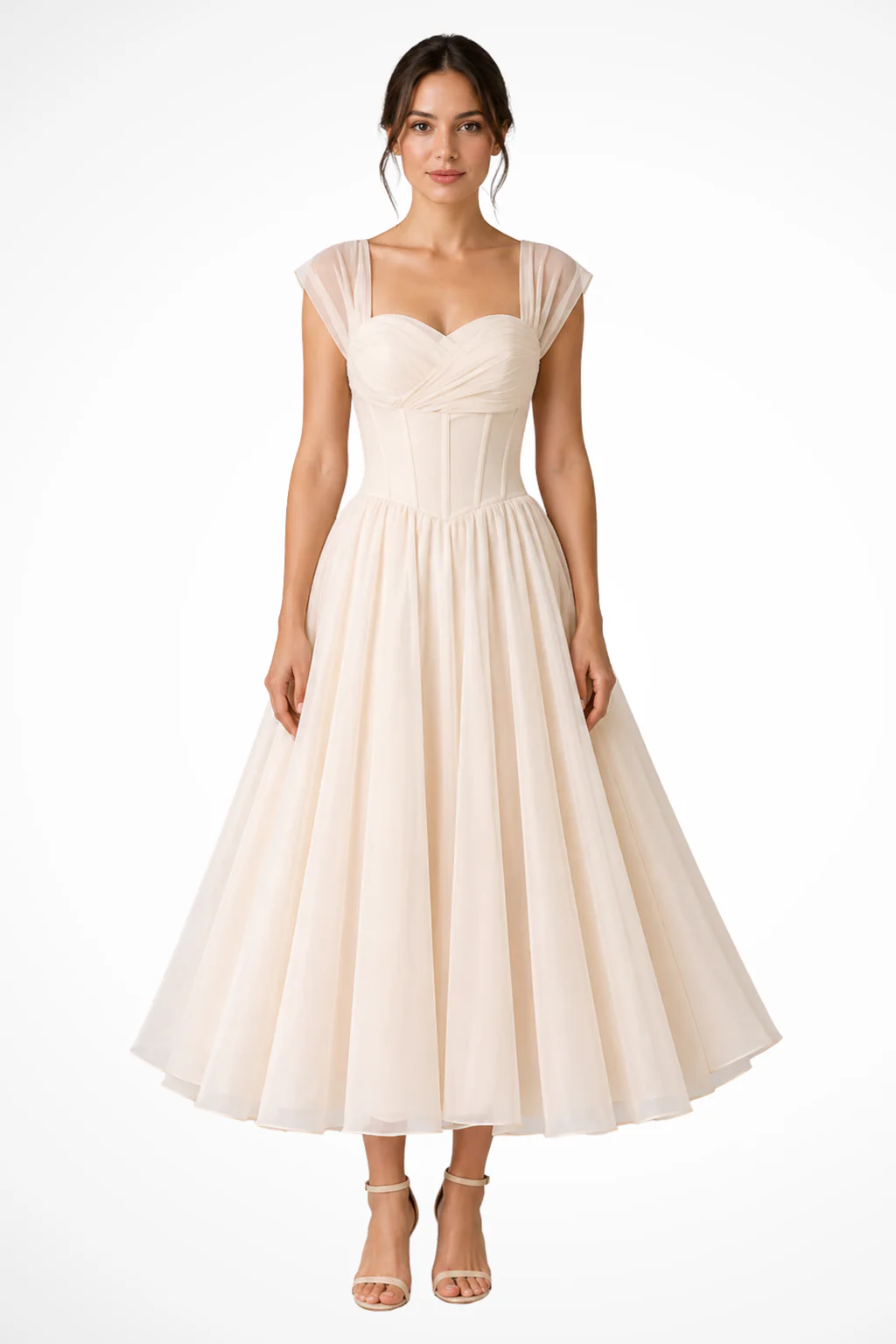 Ottilie | Women Tulle Sweetheart Neck Flared Wedding Guest Midi Dress