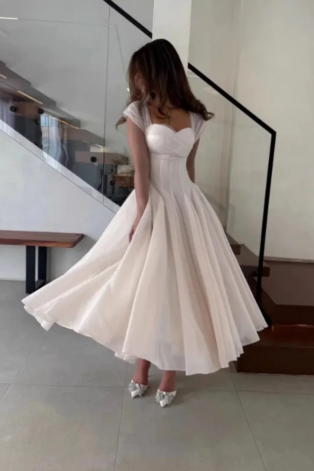 Ottilie | Women Tulle Sweetheart Neck Flared Wedding Guest Midi Dress - Image 4