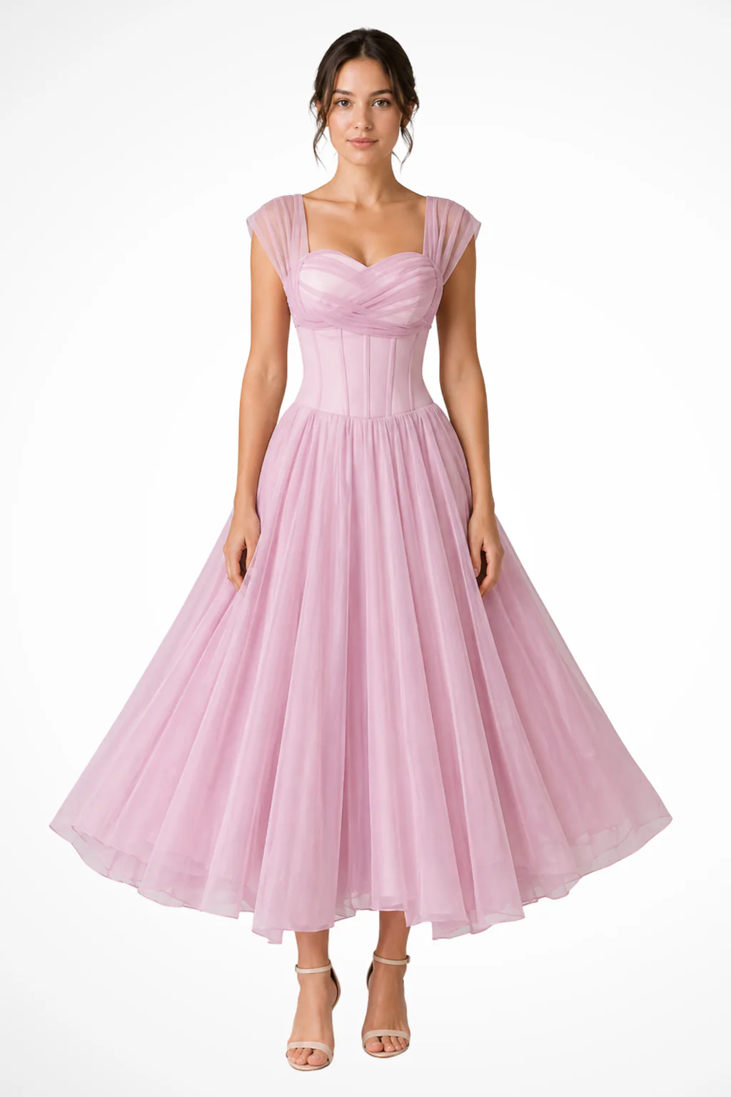 Ottilie | Women Tulle Sweetheart Neck Flared Wedding Guest Midi Dress - Image 5