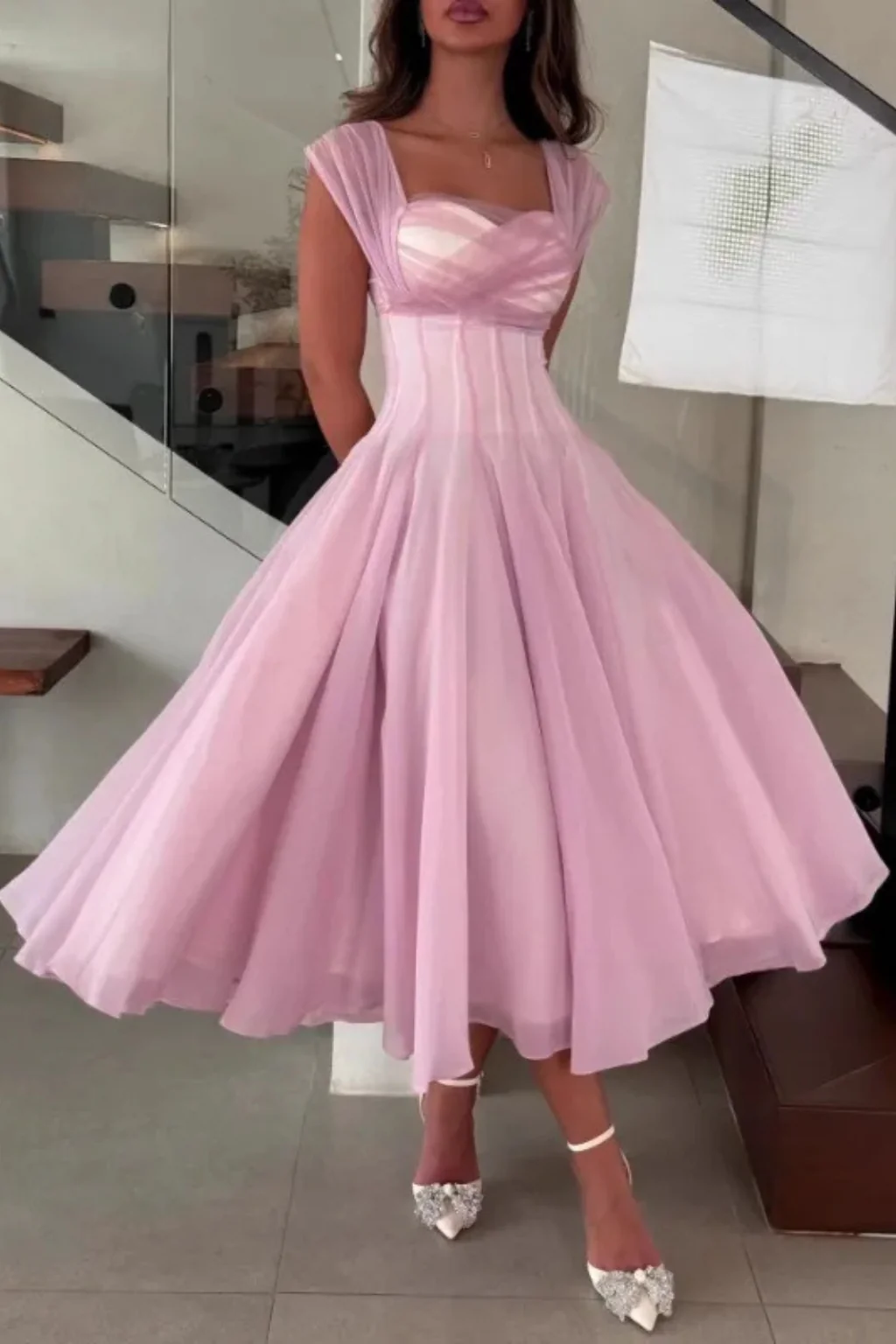 Ottilie | Women Tulle Sweetheart Neck Flared Wedding Guest Midi Dress - Image 6
