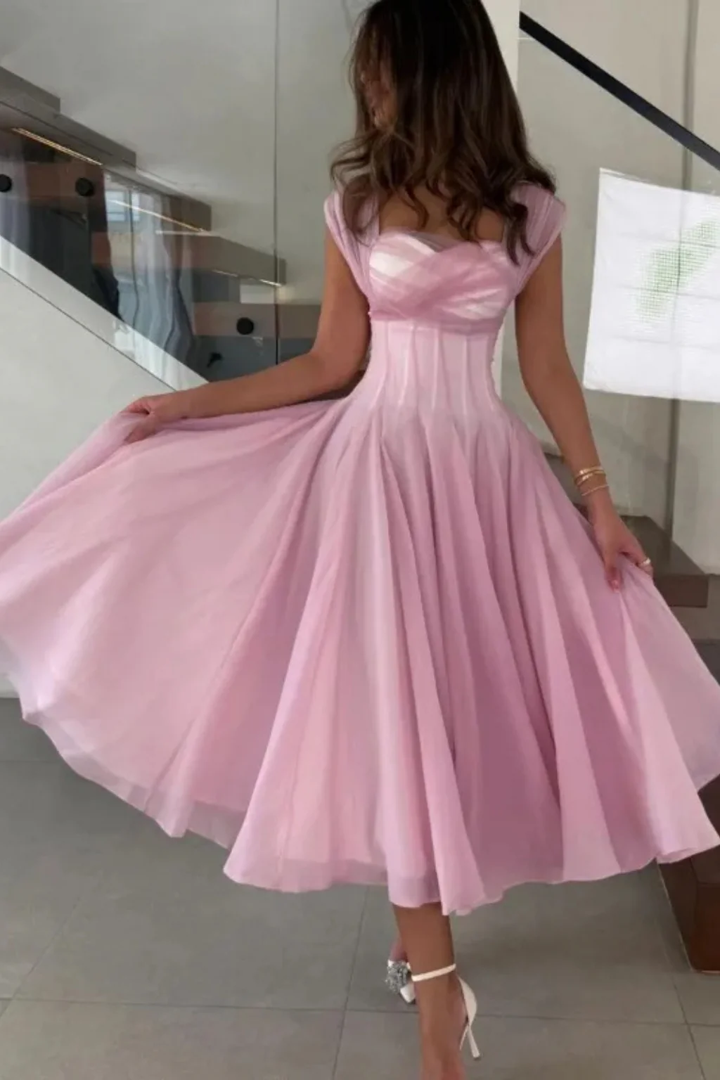 Ottilie | Women Tulle Sweetheart Neck Flared Wedding Guest Midi Dress - Image 8