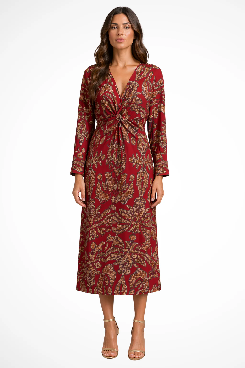 Persephone | Women Long Sleeve V Neck Printed Wrap Wedding Guest Midi Dress