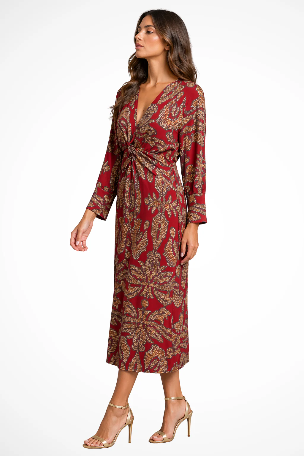 Persephone | Women Long Sleeve V Neck Printed Wrap Wedding Guest Midi Dress - Image 2