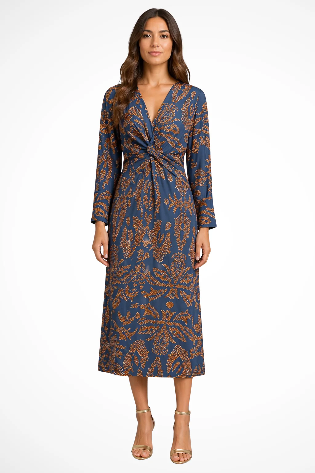 Persephone | Women Long Sleeve V Neck Printed Wrap Wedding Guest Midi Dress - Image 3