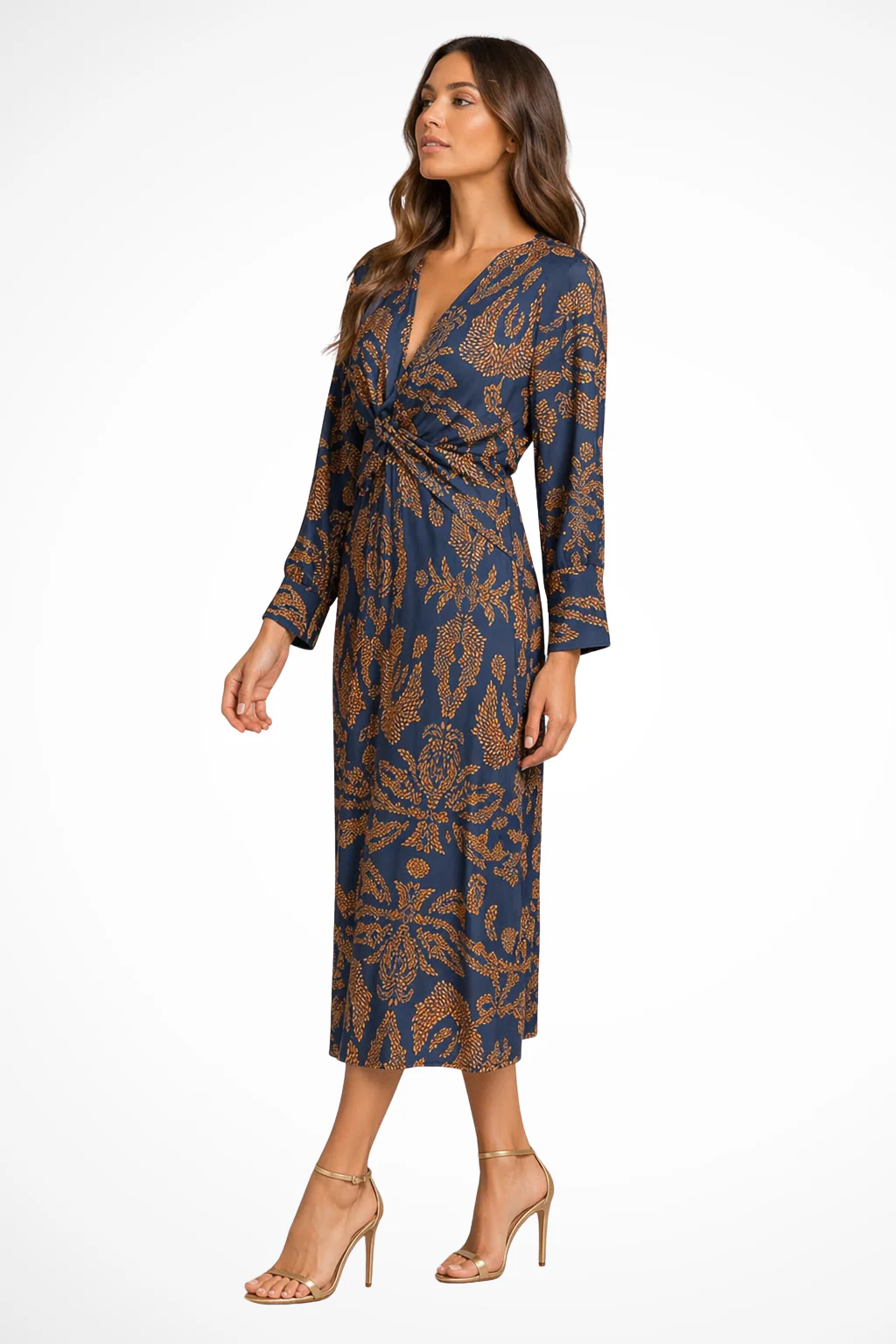 Persephone | Women Long Sleeve V Neck Printed Wrap Wedding Guest Midi Dress - Image 4