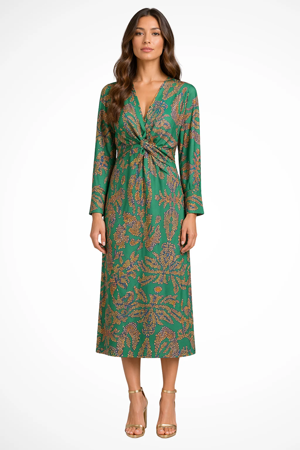Persephone | Women Long Sleeve V Neck Printed Wrap Wedding Guest Midi Dress - Image 5