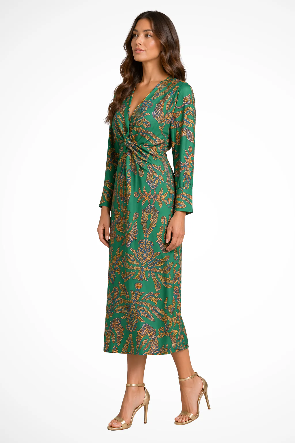 Persephone | Women Long Sleeve V Neck Printed Wrap Wedding Guest Midi Dress - Image 6