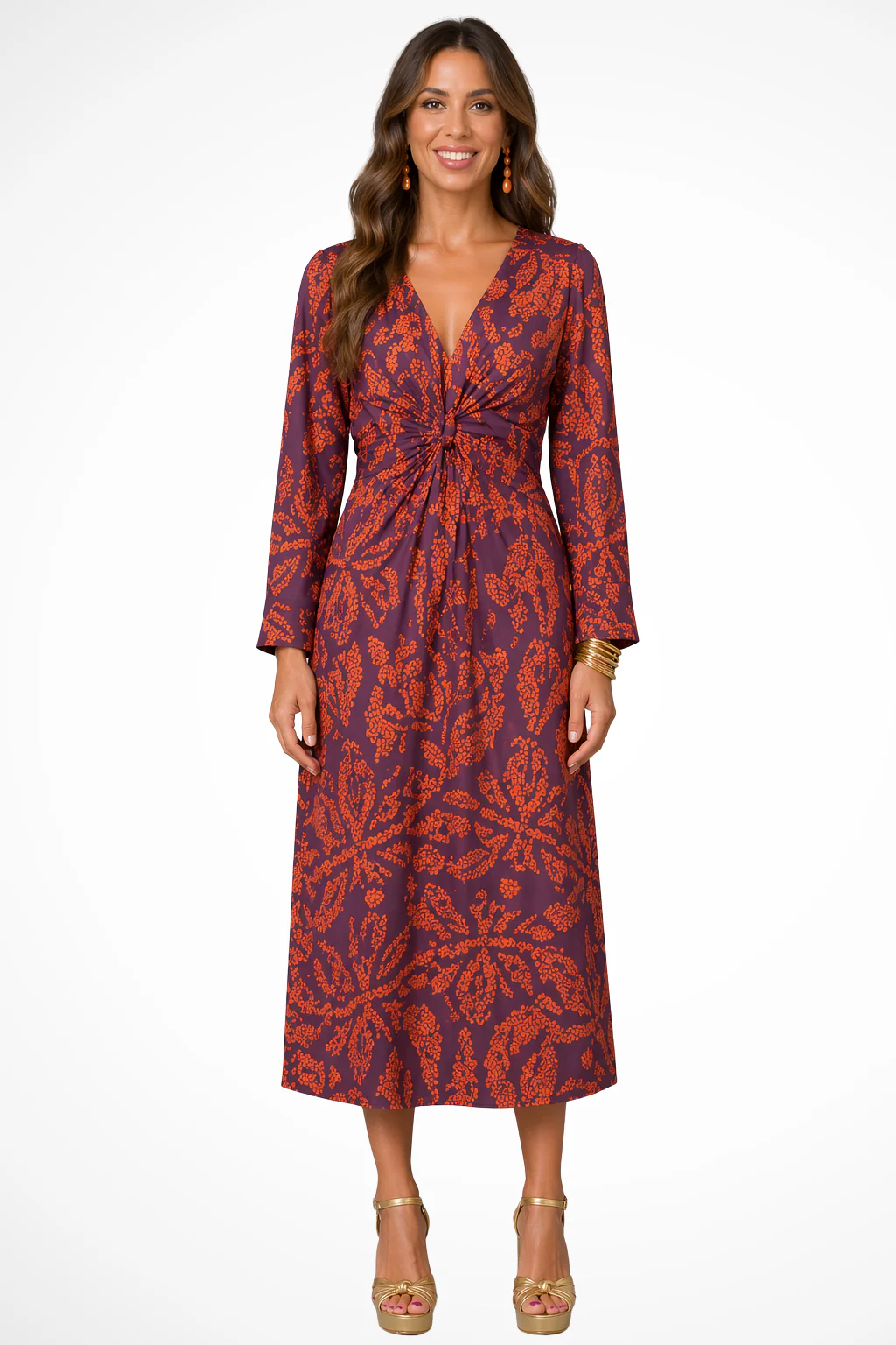 Persephone | Women Long Sleeve V Neck Printed Wrap Wedding Guest Midi Dress - Image 7