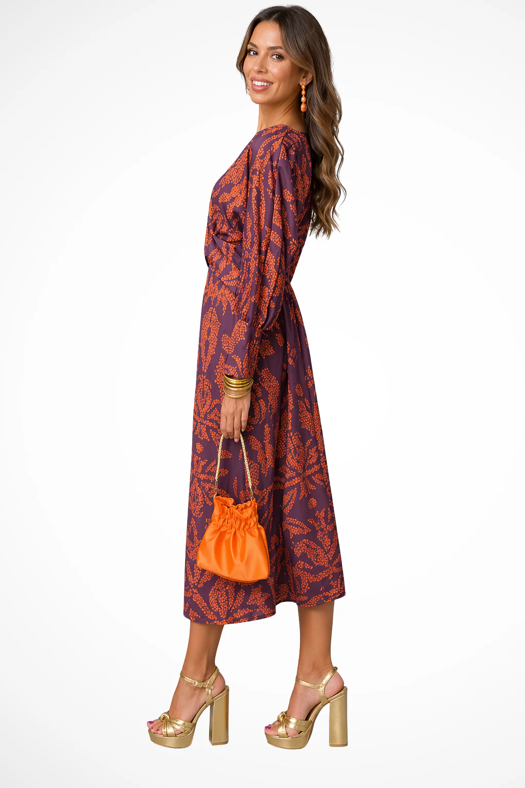 Persephone | Women Long Sleeve V Neck Printed Wrap Wedding Guest Midi Dress - Image 8
