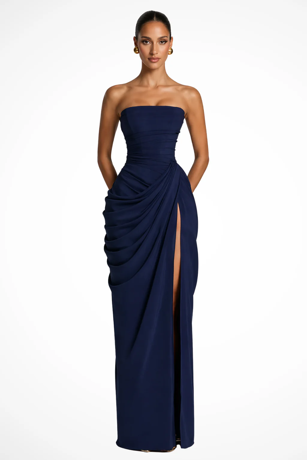 Polly | Women Strapless Draped Wedding Guest Maxi Dress with Side Slit