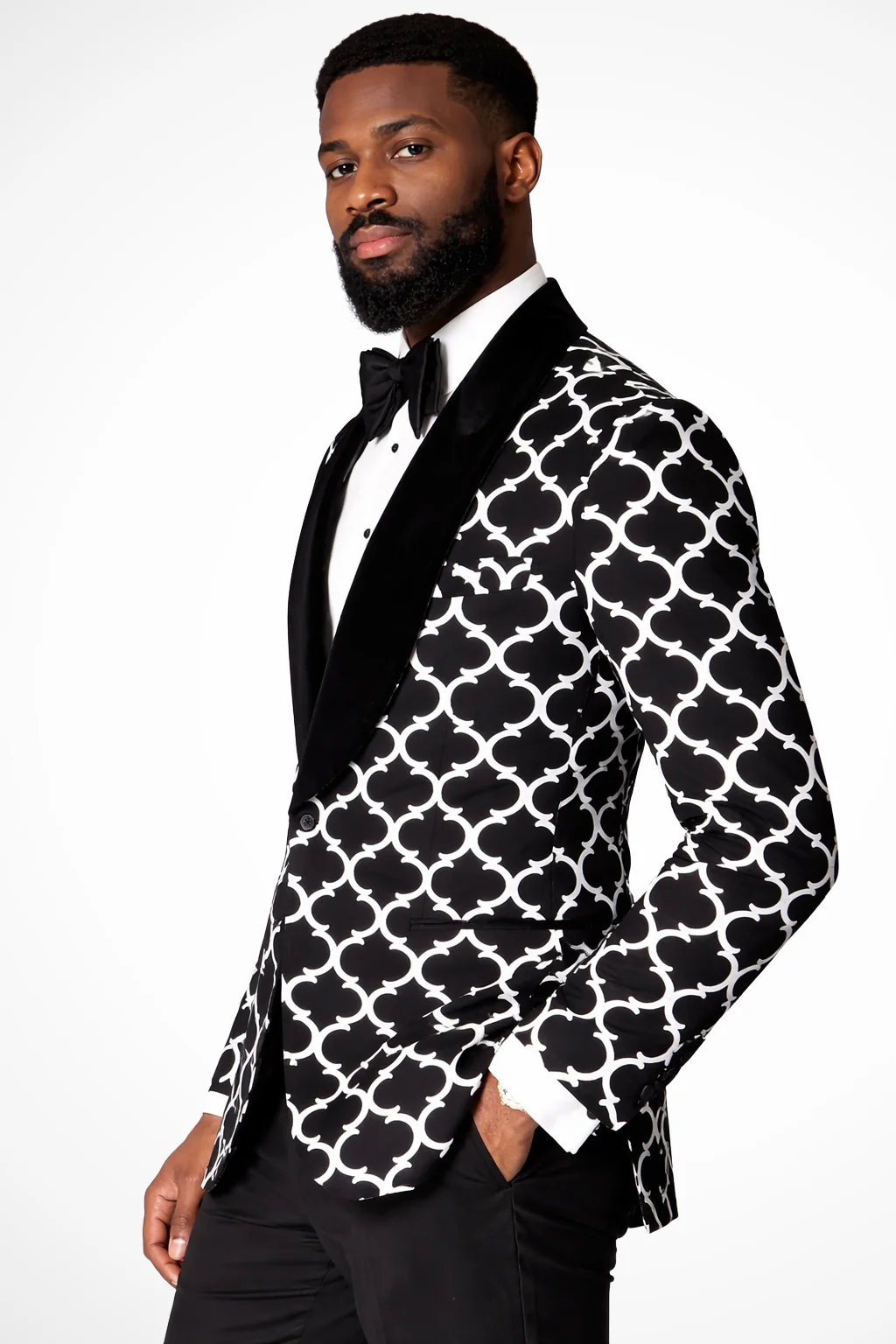 Rafferty | Men Geometric Print Velvet Shawl Lapel Formal Blazer - Image 3