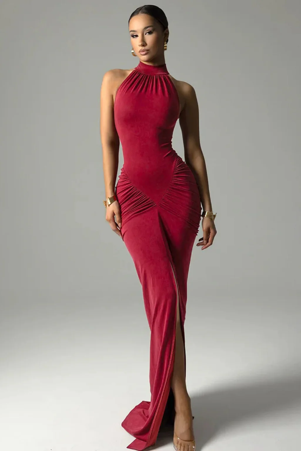Ravelle | Women Halter Neck Sleeveless Ruched Slit Baby Shower Maxi Dress - Image 5