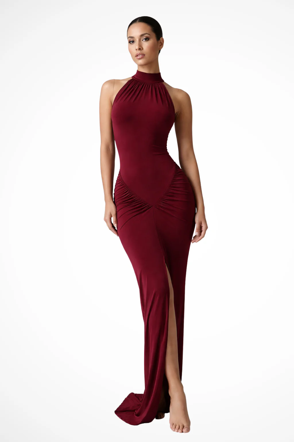 Ravelle | Women Halter Neck Sleeveless Ruched Slit Baby Shower Maxi Dress - Image 6