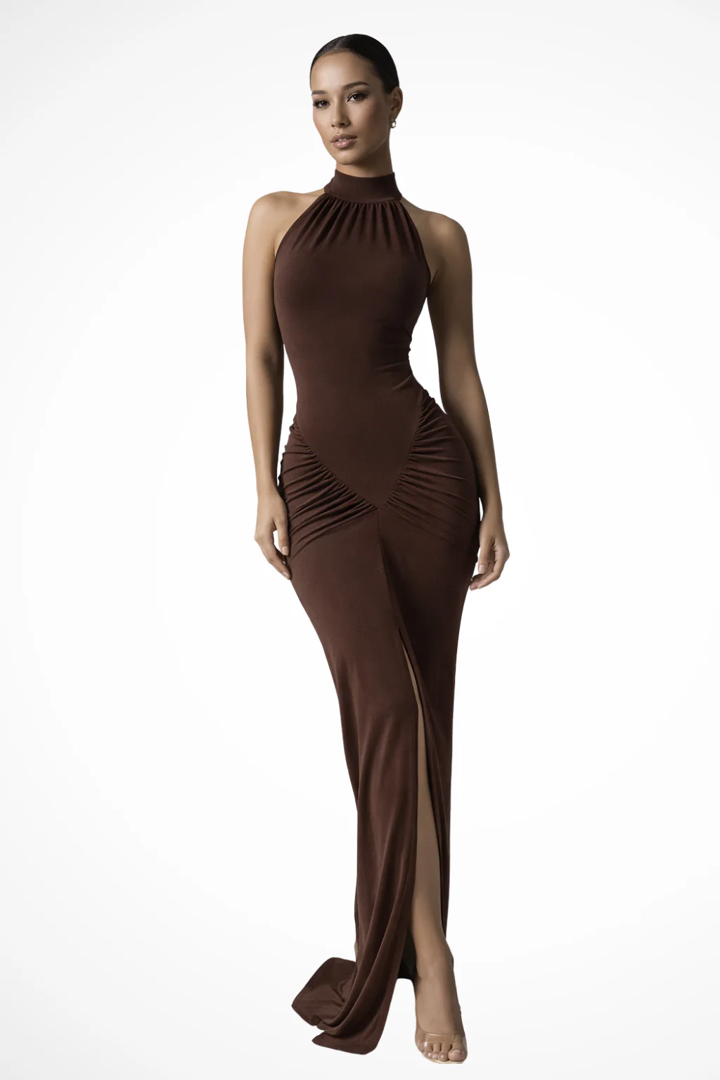 Ravelle | Women Halter Neck Sleeveless Ruched Slit Baby Shower Maxi Dress - Image 7