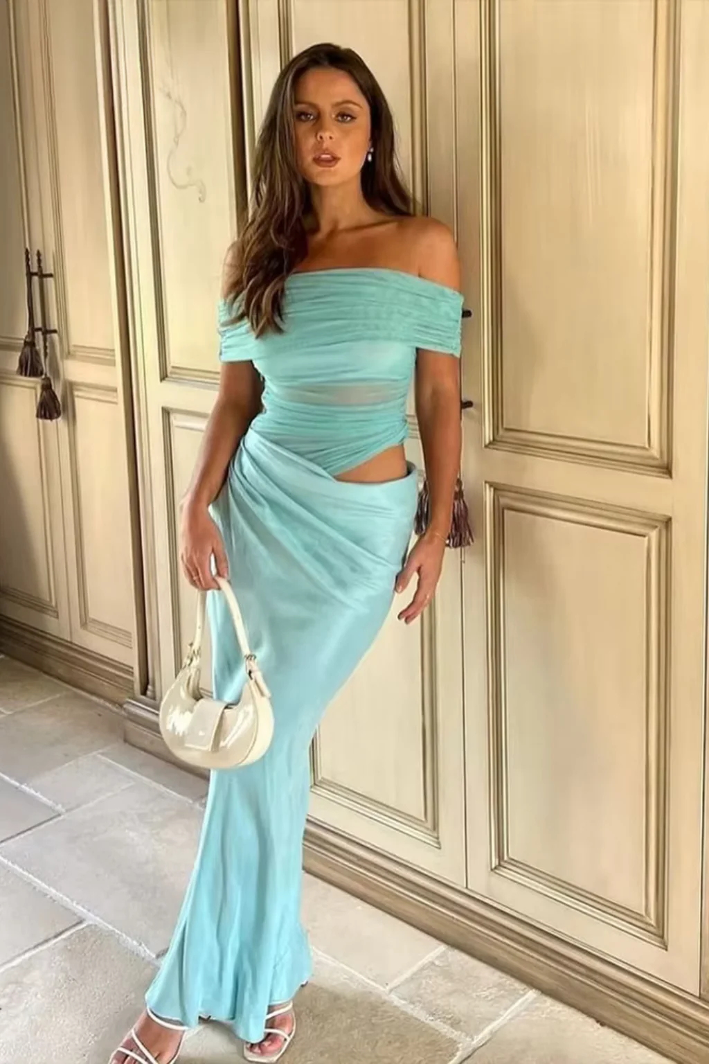 Rhiannon | Women Ruched Off Shoulder Wedding Guest Maxi Dress with Cut Out Detail - Image 6