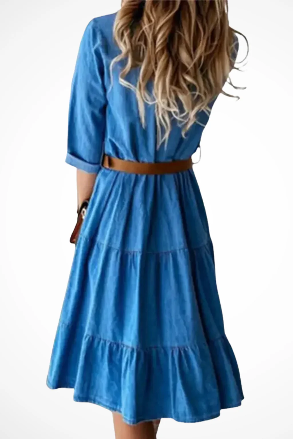 Robyn | Women Denim Tiered Midi Shirt Dress with Belt - Image 3