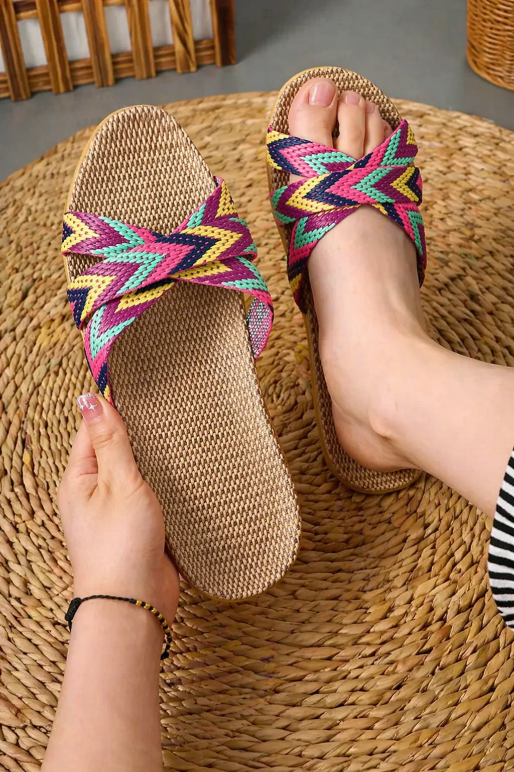 Romilly | Women Woven Crossover Chevron Print Flat Slides - Image 4