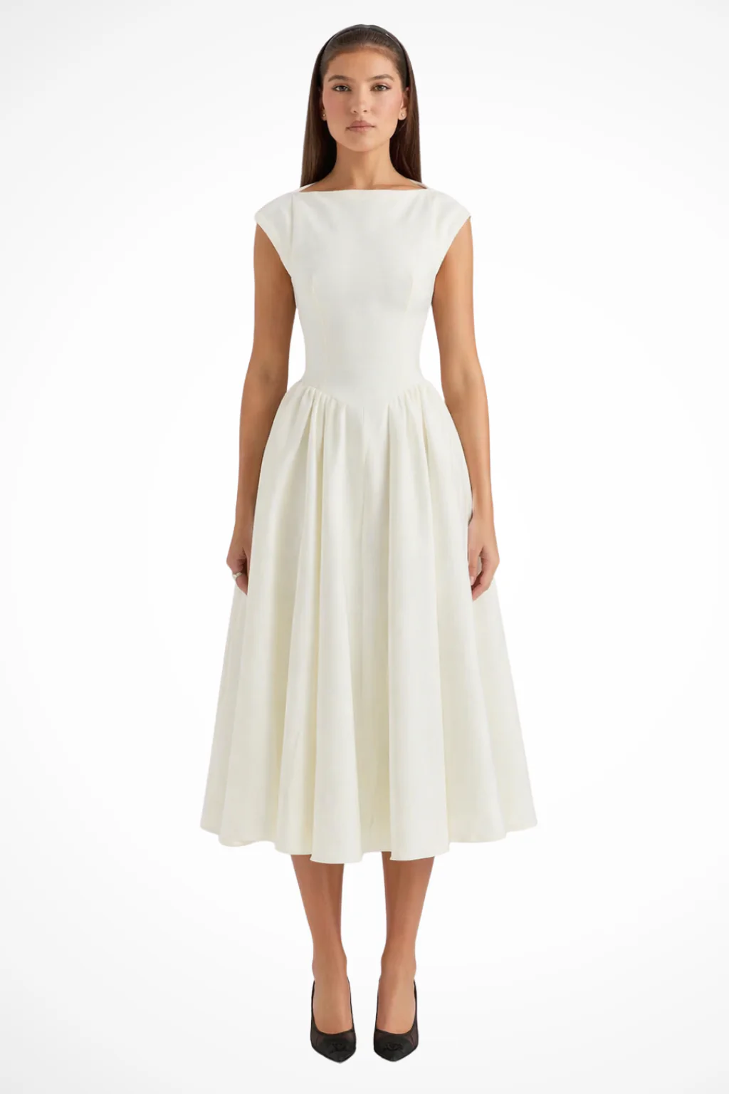 Rosalind | Women Boat Neck Cap Sleeve Midi Wedding Guest Dress - Image 6