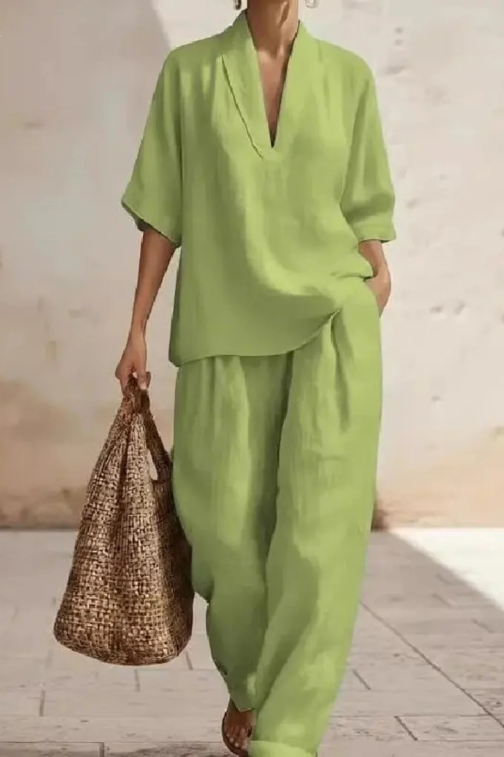 Rosalind | Women Linen Co Ord 2 Piece Set with V Neck Top and Wide Leg Trousers - Image 4