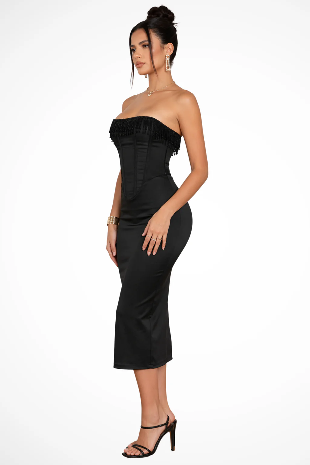 Rosalind | Women Strapless Pearl Trim Corset Wedding Guest Midi Dress - Image 5