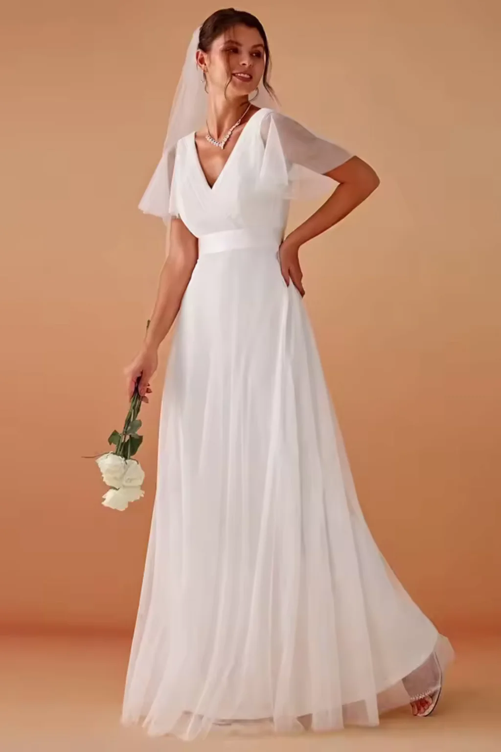 Rosalind | Women V Neck Flutter Sleeve A Line Chiffon Maxi Wedding Guest Dress - Image 2