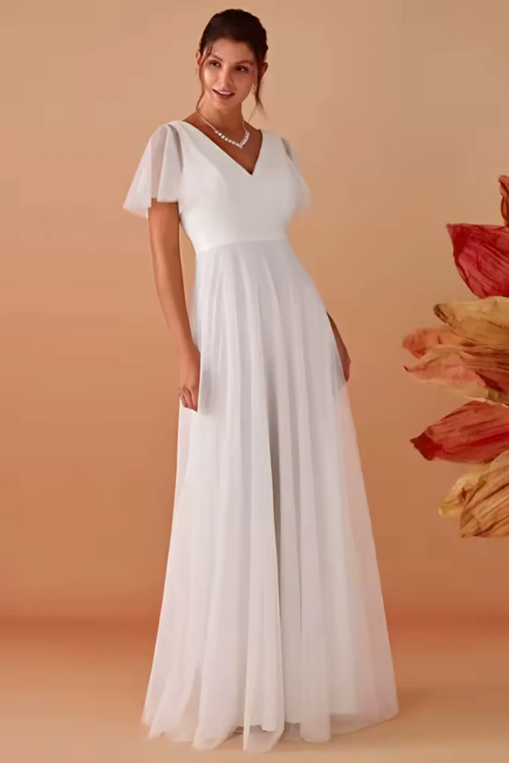 Rosalind | Women V Neck Flutter Sleeve A Line Chiffon Maxi Wedding Guest Dress - Image 3