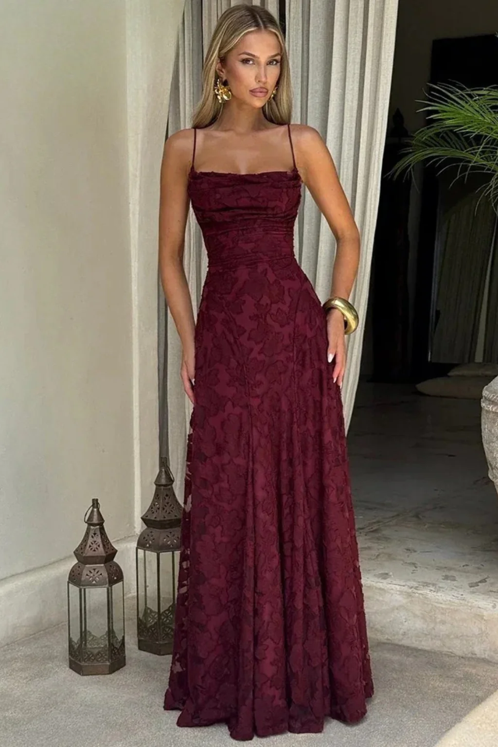 Rose | Women Spaghetti Strap Lace Up Backless Floral Jacquard Formal Maxi Dress - Image 3