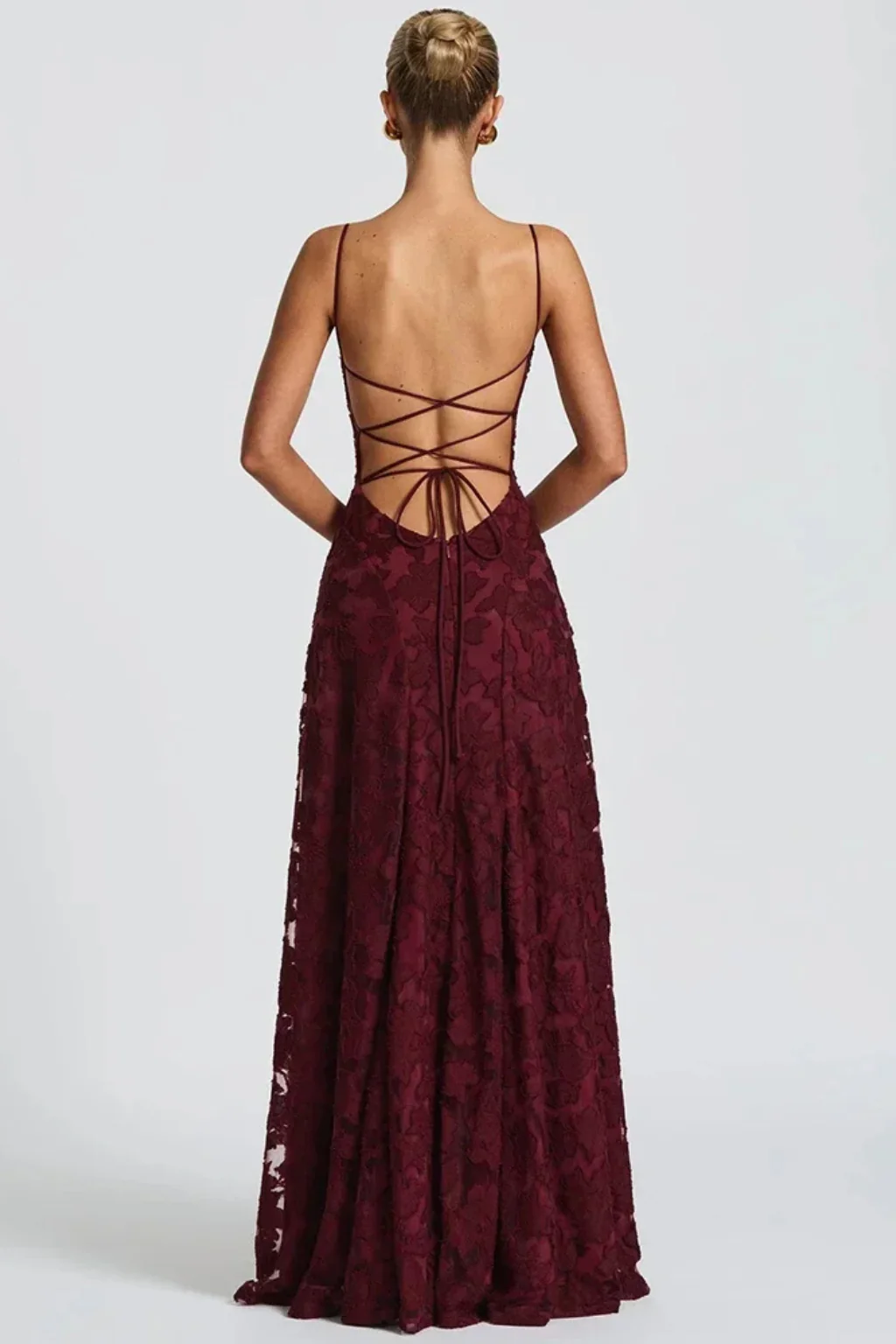 Rose | Women Spaghetti Strap Lace Up Backless Floral Jacquard Formal Maxi Dress - Image 4