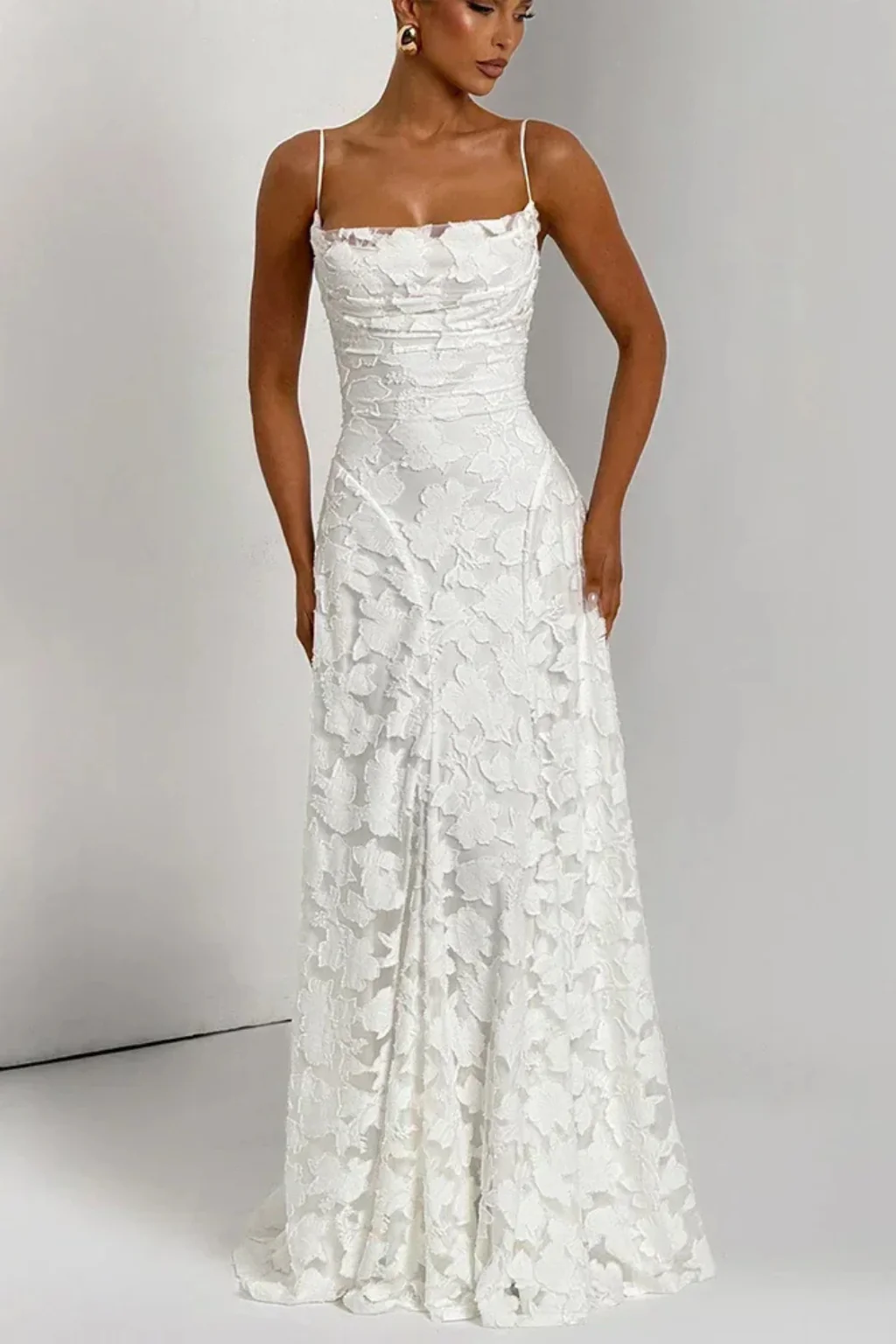 Rose | Women Spaghetti Strap Lace Up Backless Floral Jacquard Formal Maxi Dress - Image 6