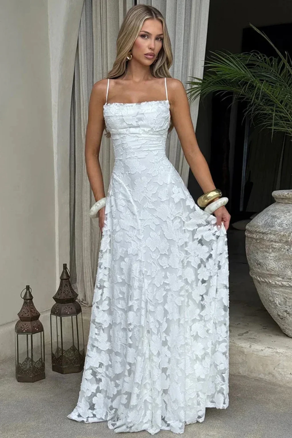 Rose | Women Spaghetti Strap Lace Up Backless Floral Jacquard Formal Maxi Dress - Image 7