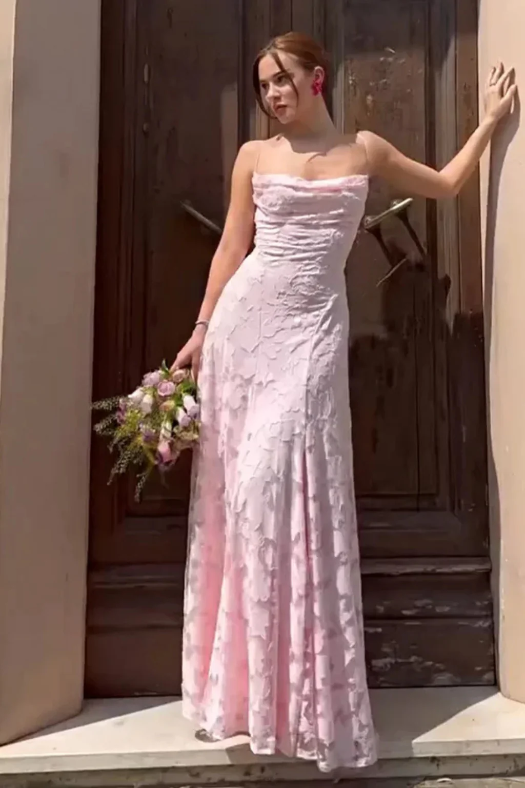 Rose | Women Spaghetti Strap Lace Up Backless Floral Jacquard Formal Maxi Dress - Image 9