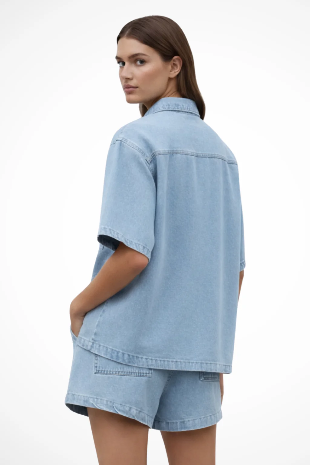 Sadie | Women Denim Button Down Shirt and Drawstring Shorts Set - Image 3