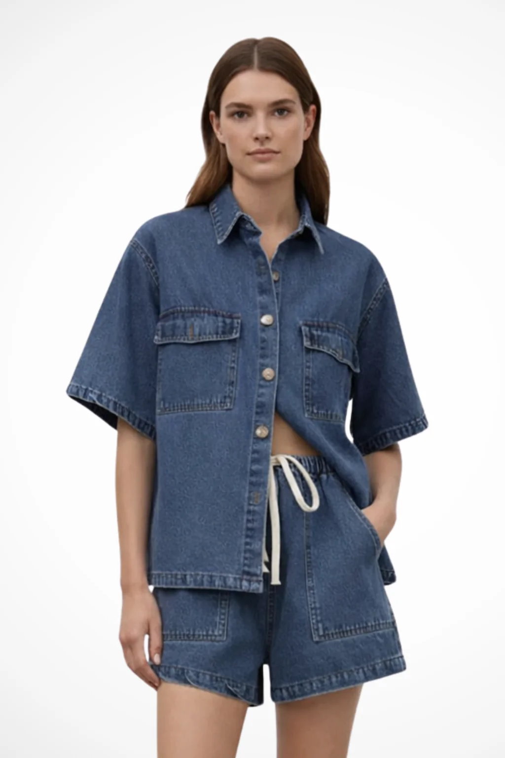Sadie | Women Denim Button Down Shirt and Drawstring Shorts Set - Image 4