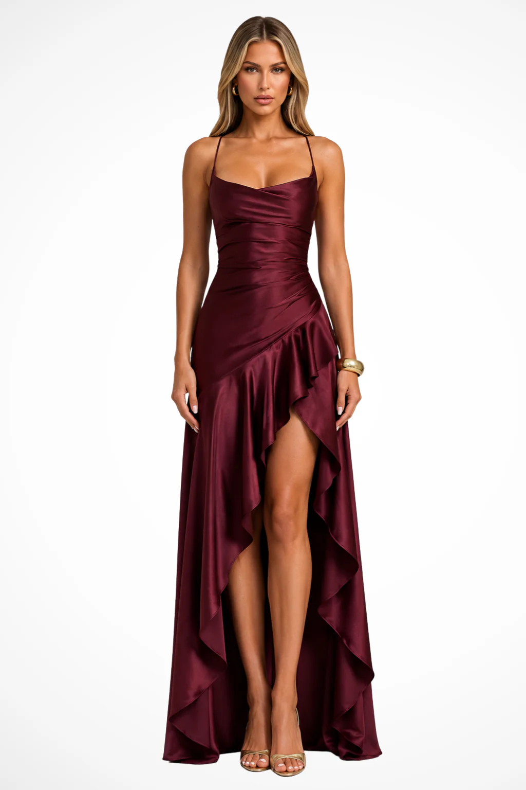 Saskia | Women Cowl Neck Side Slit Ruffle Wedding Guest Satin Maxi Dress - Image 4