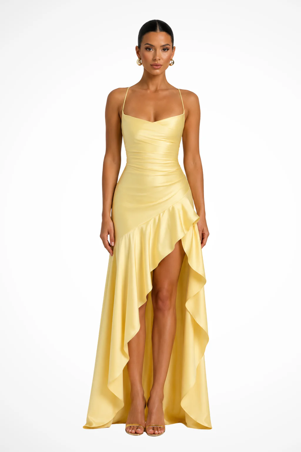 Saskia | Women Cowl Neck Side Slit Ruffle Wedding Guest Satin Maxi Dress - Image 7
