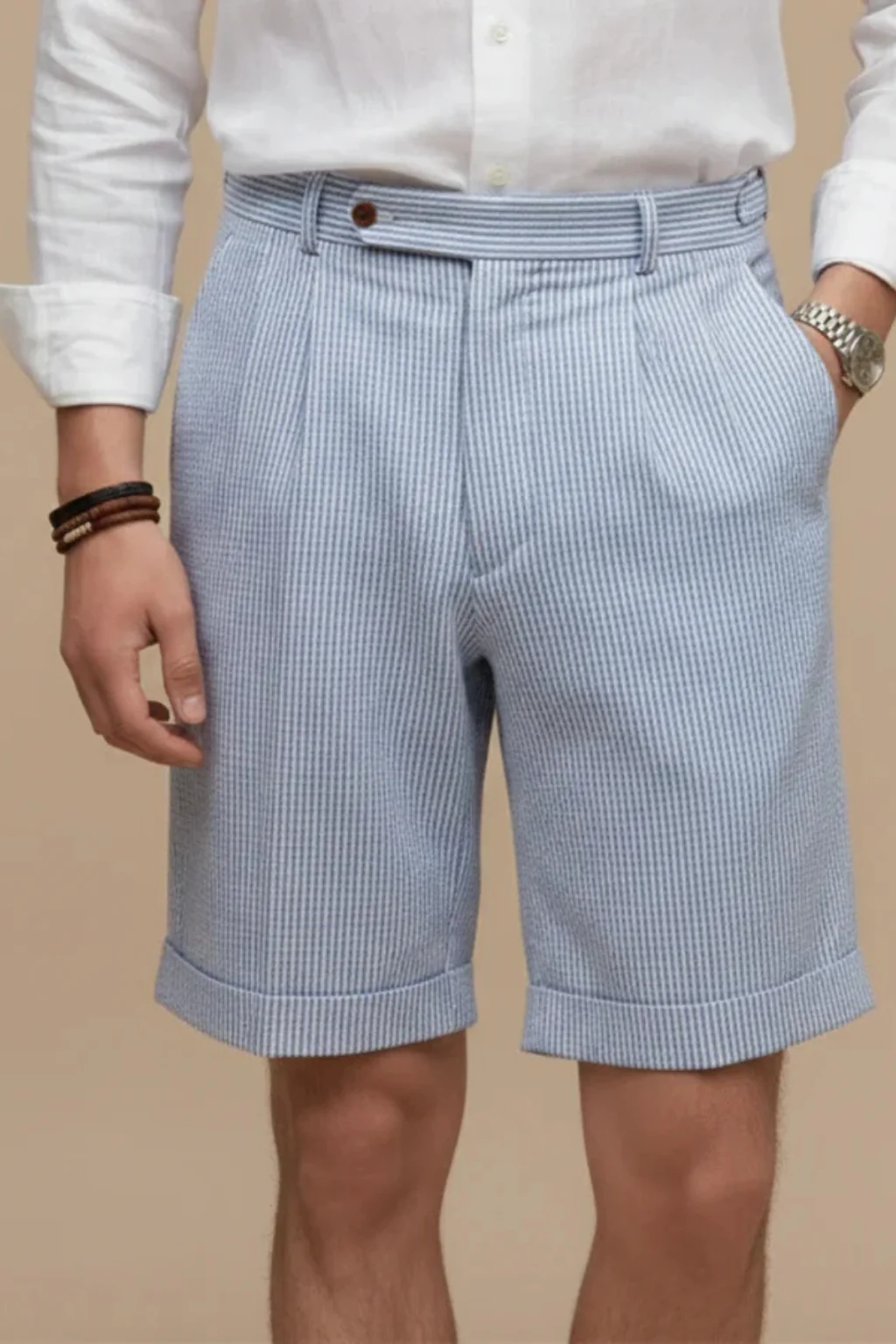 Scott | Men High Waist Striped Seersucker Pleated Turn Up Hem Chino Shorts - Image 3